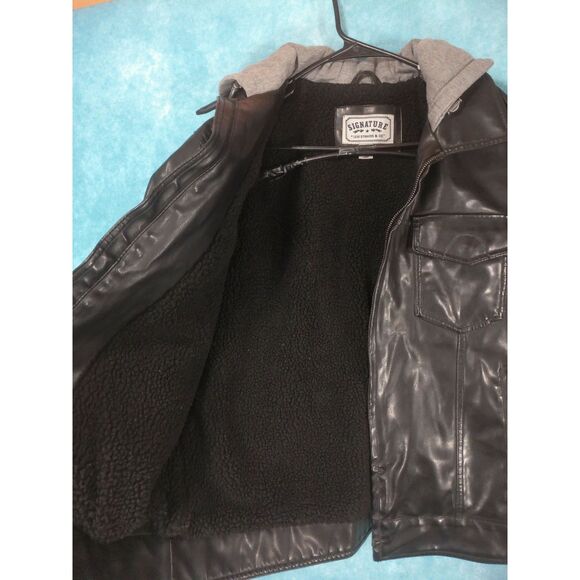 Signature Levi Strauss Faux Leather Heavy Hoodie Jacket, Sherpa Lined, Size L - Picture 7 of 9